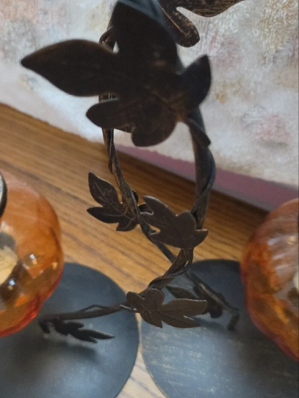 Pier 1 Amber Glass Pumpkin Tea Light Holders with Black Leaf Stands, Pair